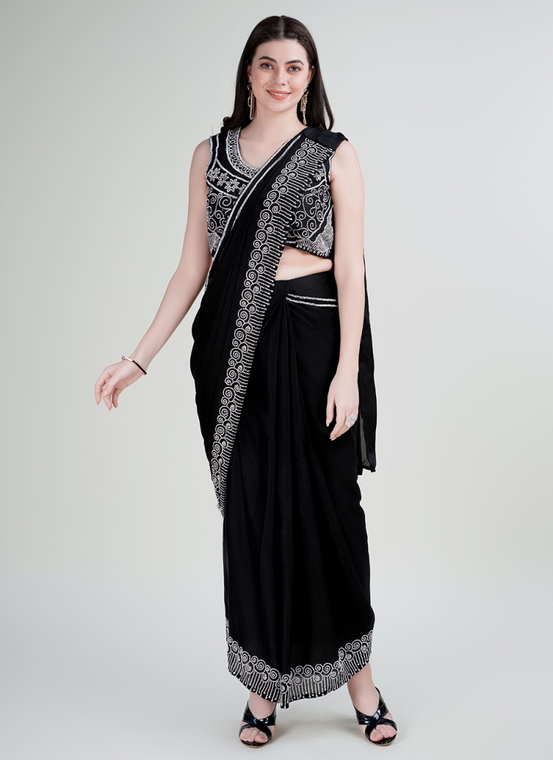 Satin Silk Beads Black Trendy Saree