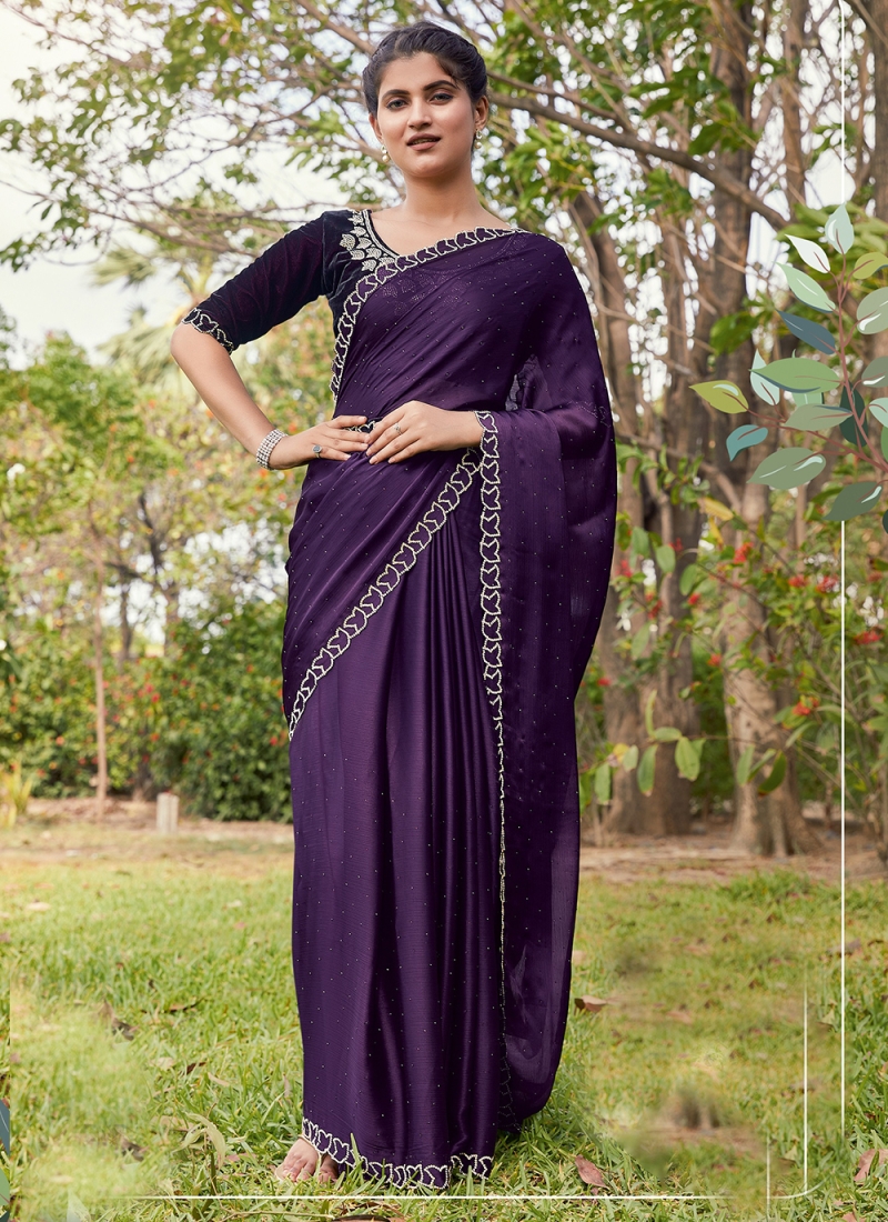 Satin Silk Border Classic Saree in Purple