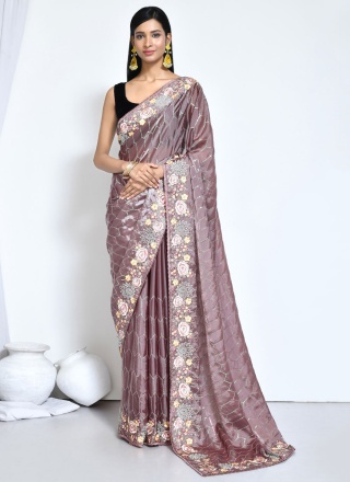 Satin Silk Brown Sequins Contemporary Saree