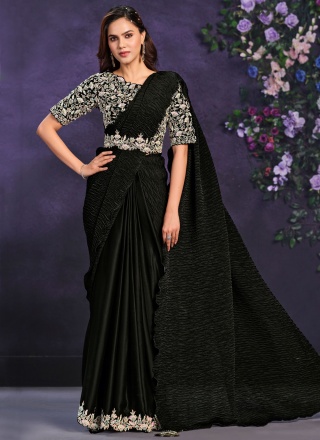 Satin Silk Cord Contemporary Saree in Black