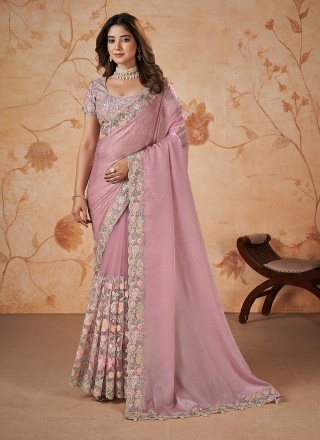 Satin Silk Cord Pink Contemporary Saree