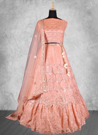 Satin Silk Embroidered Trendy Lehenga Choli in Peach