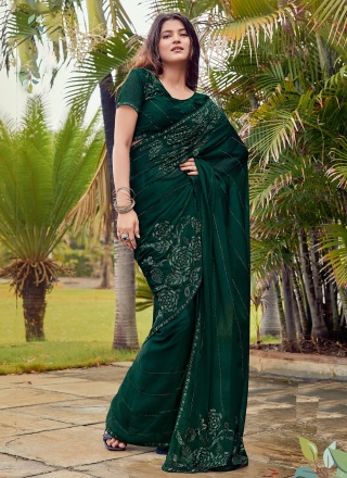 Satin Silk Green Contemporary Saree