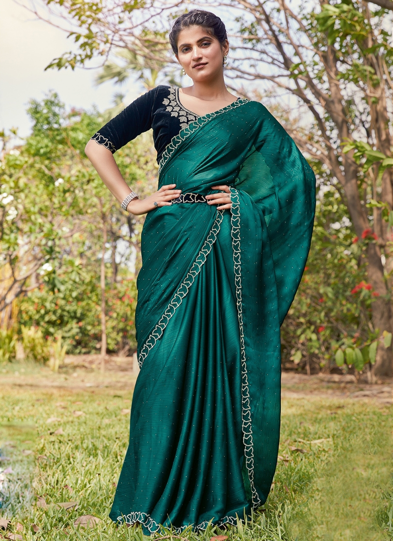 Satin Silk Green Stone Contemporary Saree