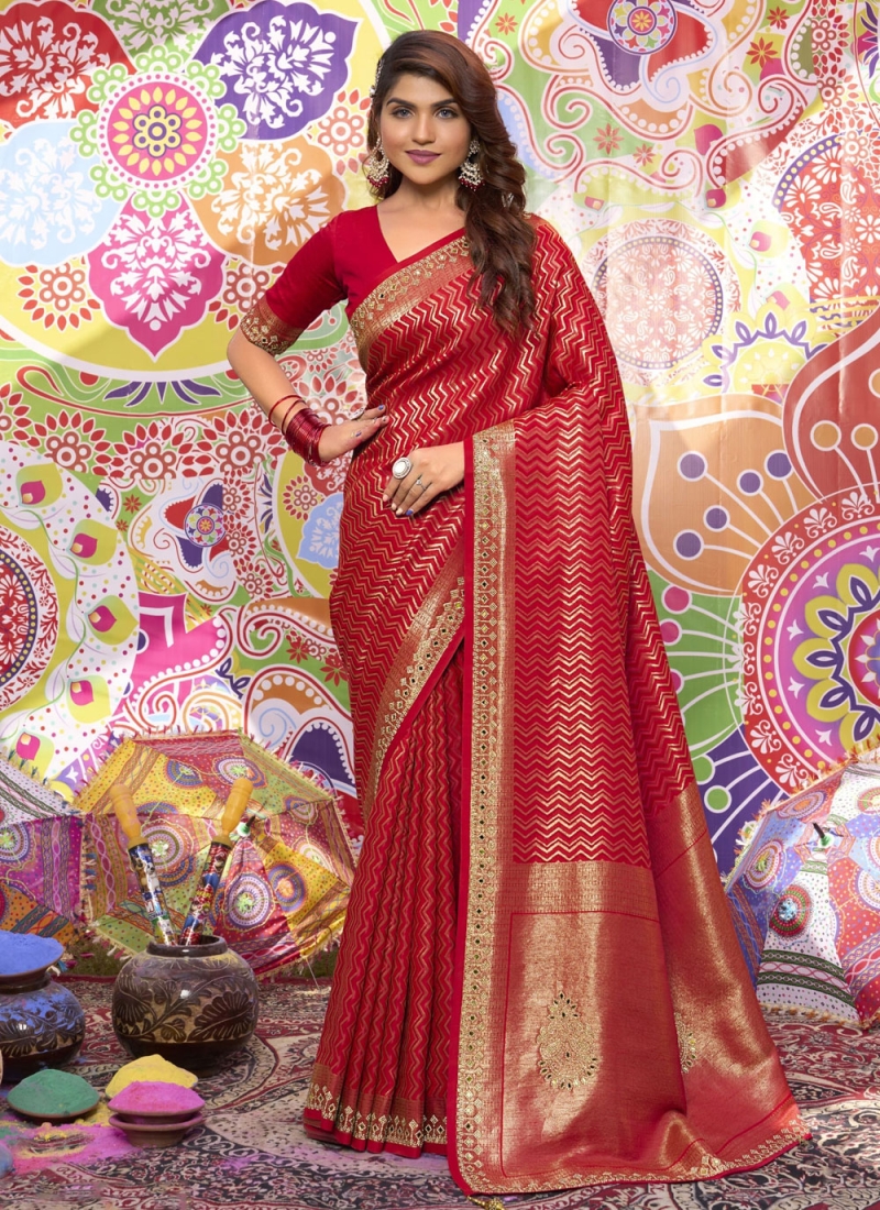 Satin Silk Mirror Red Contemporary Saree
