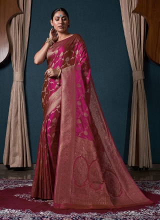 Satin Silk Pink Woven Saree