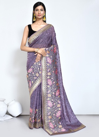 Satin Silk Purple Embroidered Classic Saree
