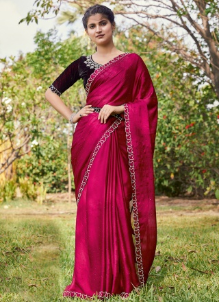 Satin Silk Stone Saree in Hot Pink