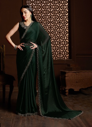 Satin Silk Stone Work Saree in Green