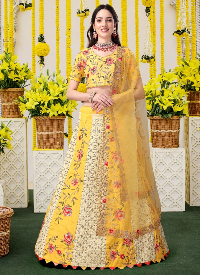 Satin Silk Yellow Sequins Lehenga Choli