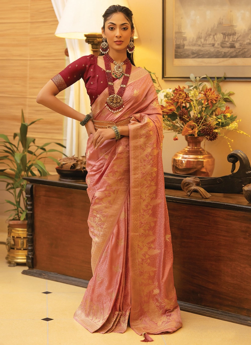 Satin Woven Pink Contemporary Saree
