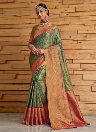 Savory Banarasi Silk Mehndi Contemporary Style Saree