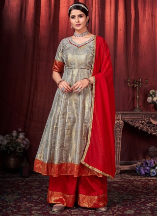 Savory Woven Art Silk Grey Readymade Salwar Suit