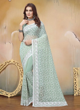 Sea Green Embroidered Saree