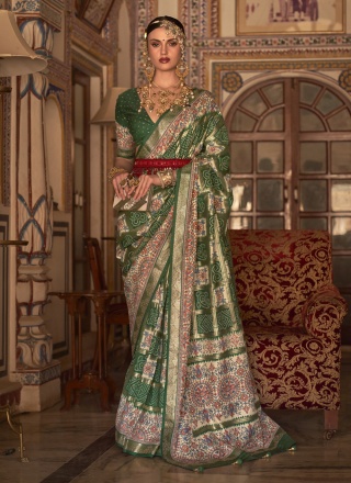 Sensational Silk Digital Print Green Contemporary Saree