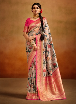 Sensible Banarasi Silk Grey Printed Contemporary Saree