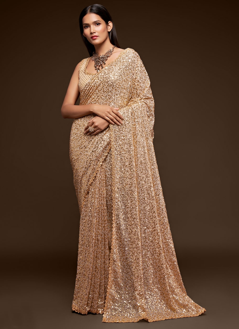 Sequins Faux Georgette Trendy Saree in Cream