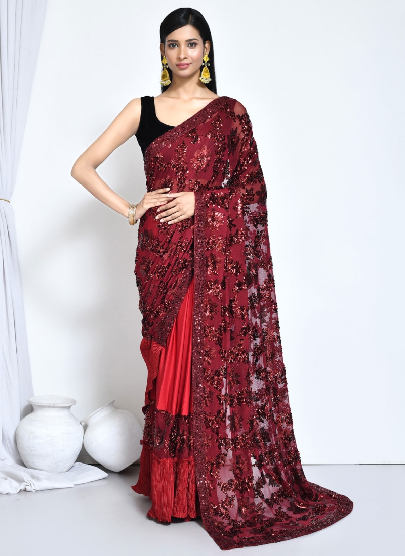 Sequins Satin Silk Trendy Saree in Red