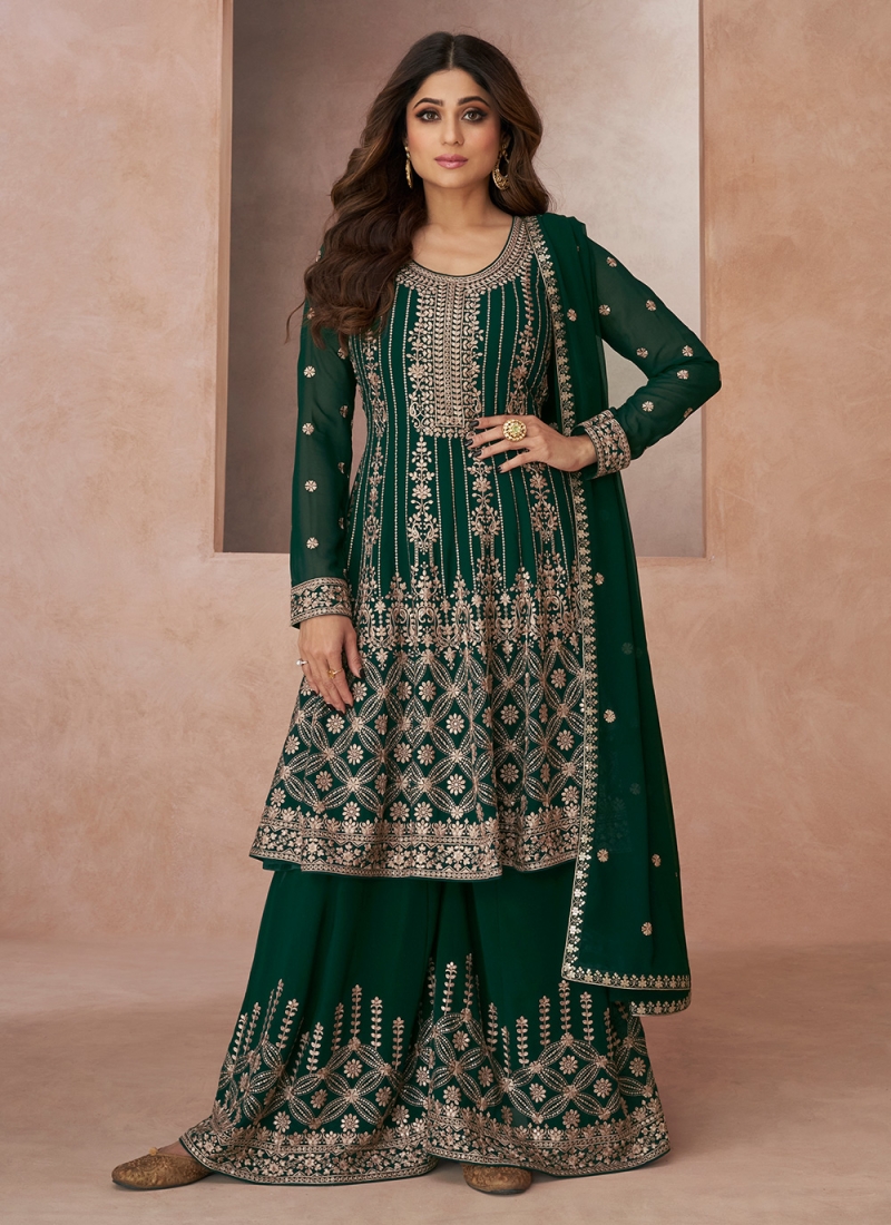 Shamita Shetty Georgette Green Embroidered Palazzo Salwar Kameez