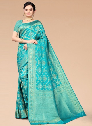 Silk Blend Woven Turquoise Saree