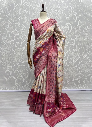 Silk Cream and Rani Weaving Designer Saree
