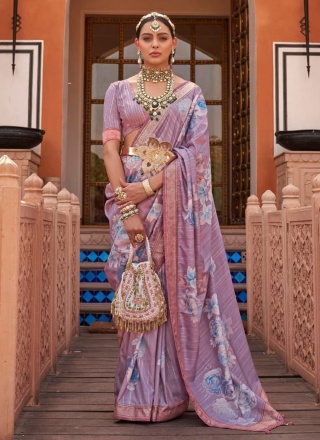 Silk Digital Print Purple Designer Saree