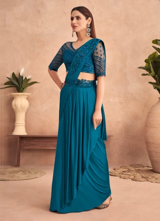 Silk Embroidered Designer Lehenga Saree in Teal