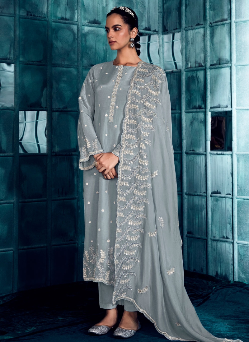 Silk Embroidered Designer Salwar Suit in Grey