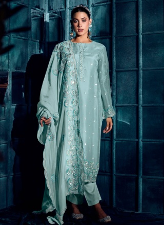 Silk Embroidered Designer Salwar Suit in Turquoise