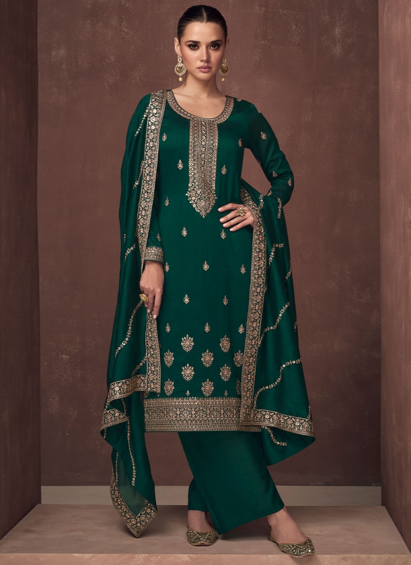 Silk Embroidered Green Palazzo Salwar Kameez