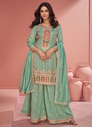 Silk Embroidered Green Readymade Salwar Kameez