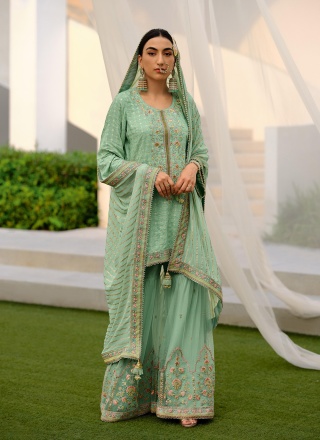 Silk Embroidered Sea Green Trendy Salwar Kameez