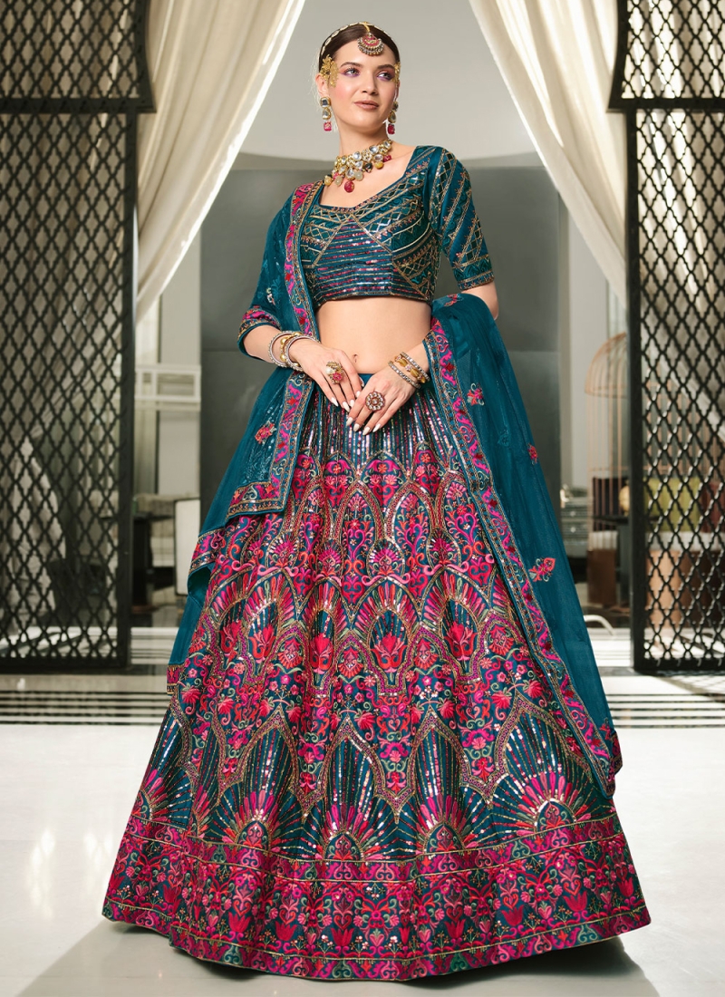 Silk Embroidered Teal Trendy Lehenga Choli