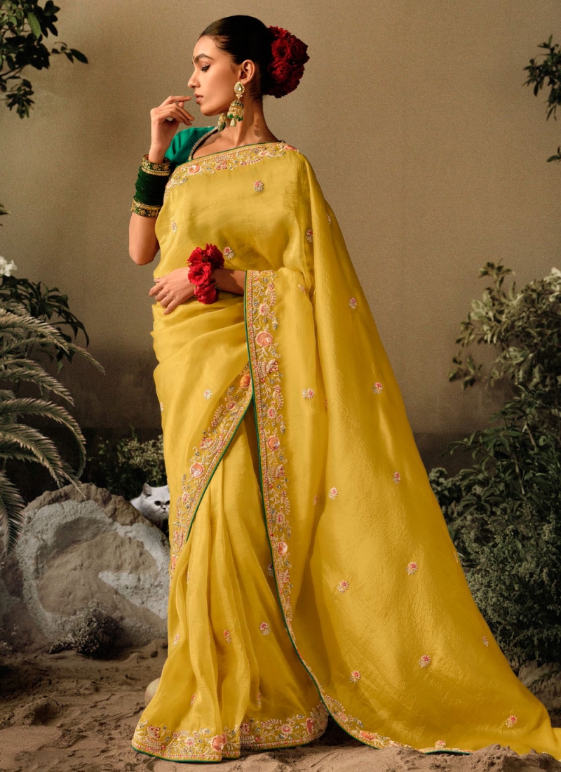 Silk Embroidered Yellow Contemporary Style Saree