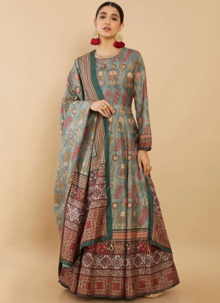 Silk Green Digital Print Readymade Gown