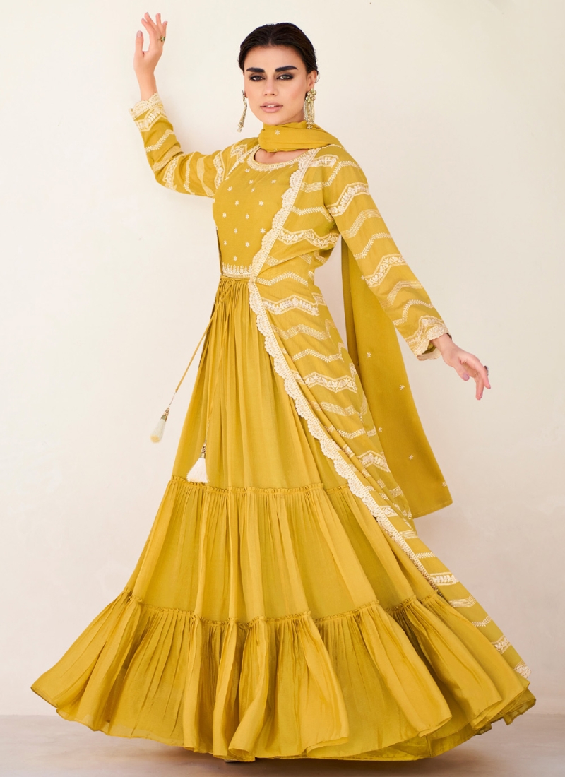 Silk Mustard Embroidered Readymade Gown