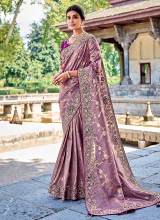 Silk Purple Embroidered Designer Saree