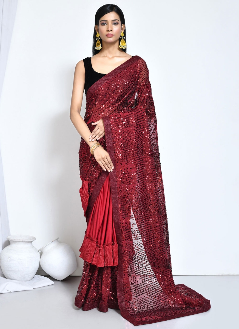 Silk Red Embroidered Classic Saree