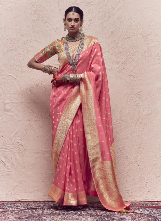 Silk Rose Pink Weaving Contemporary Saree