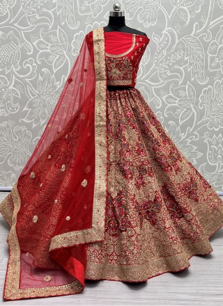 Silk Thread Work Designer A Line Lehenga Choli in Red