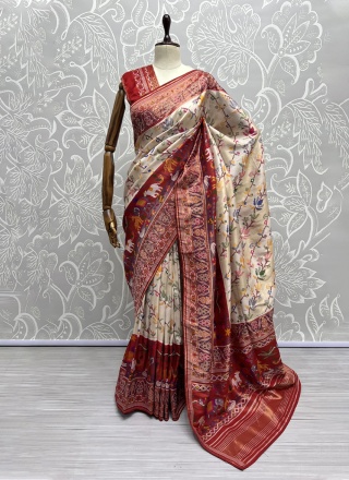 Silk Weaving Contemporary Saree in Cream and Maroon