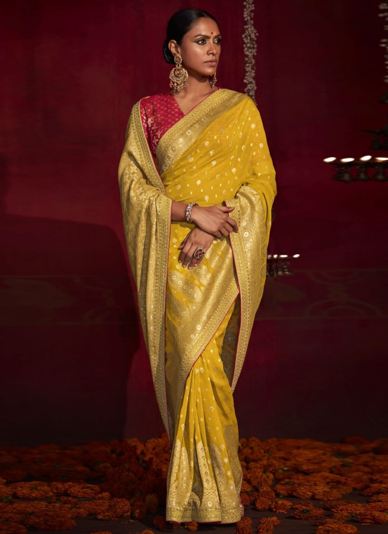 Mustard Yellow Silk Jacquard Woven Saree with Blouse » BRITHIKA Luxury  Fashion