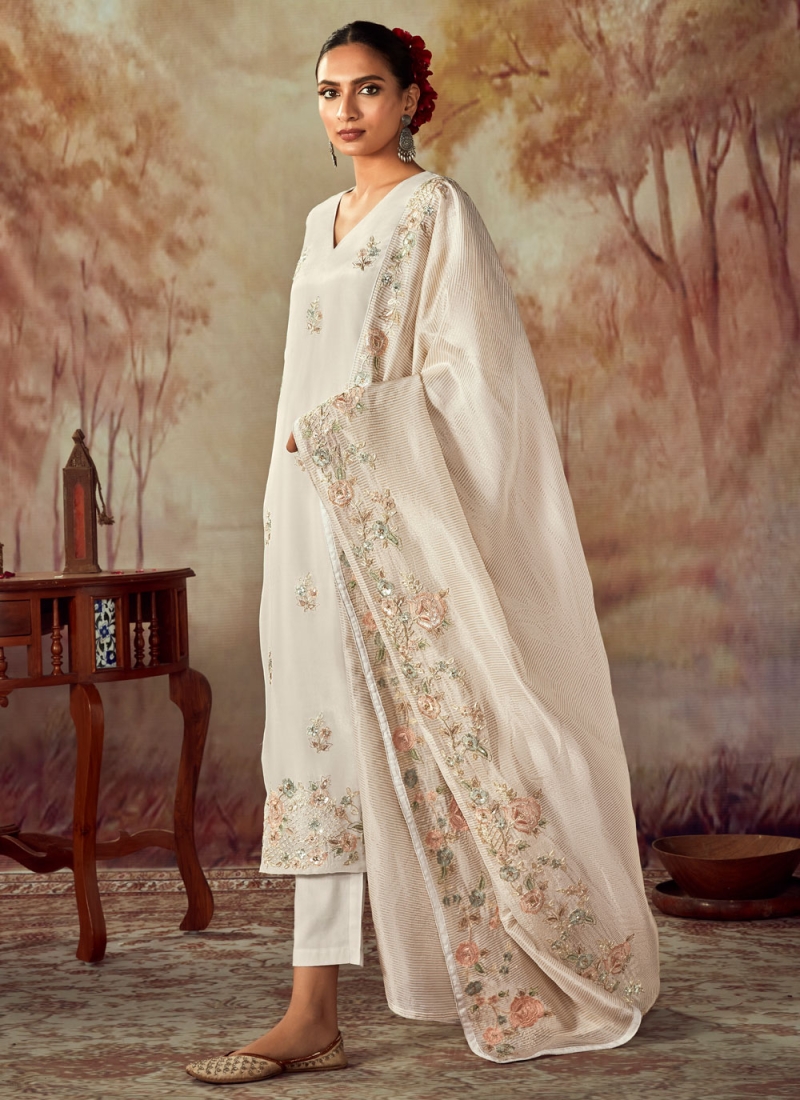 Silk White Embroidered Salwar Kameez