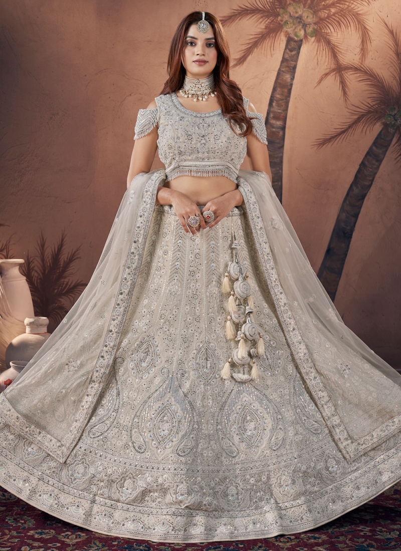Snazzy Embroidered Georgette Off White Lehenga Choli