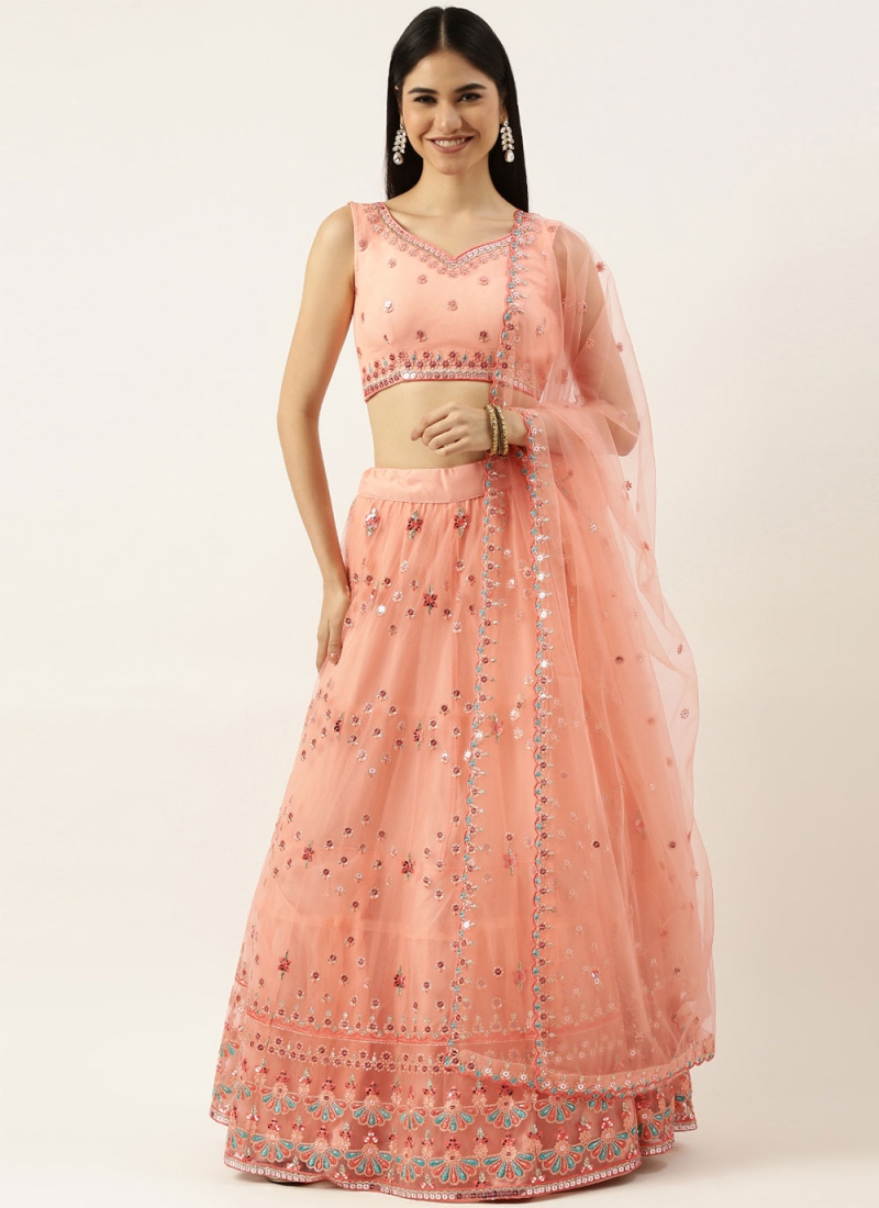 Snazzy Embroidered Net Peach A Line Lehenga Choli