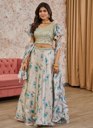 Snazzy Print Grey Faux Crepe Readymade Lehenga Choli