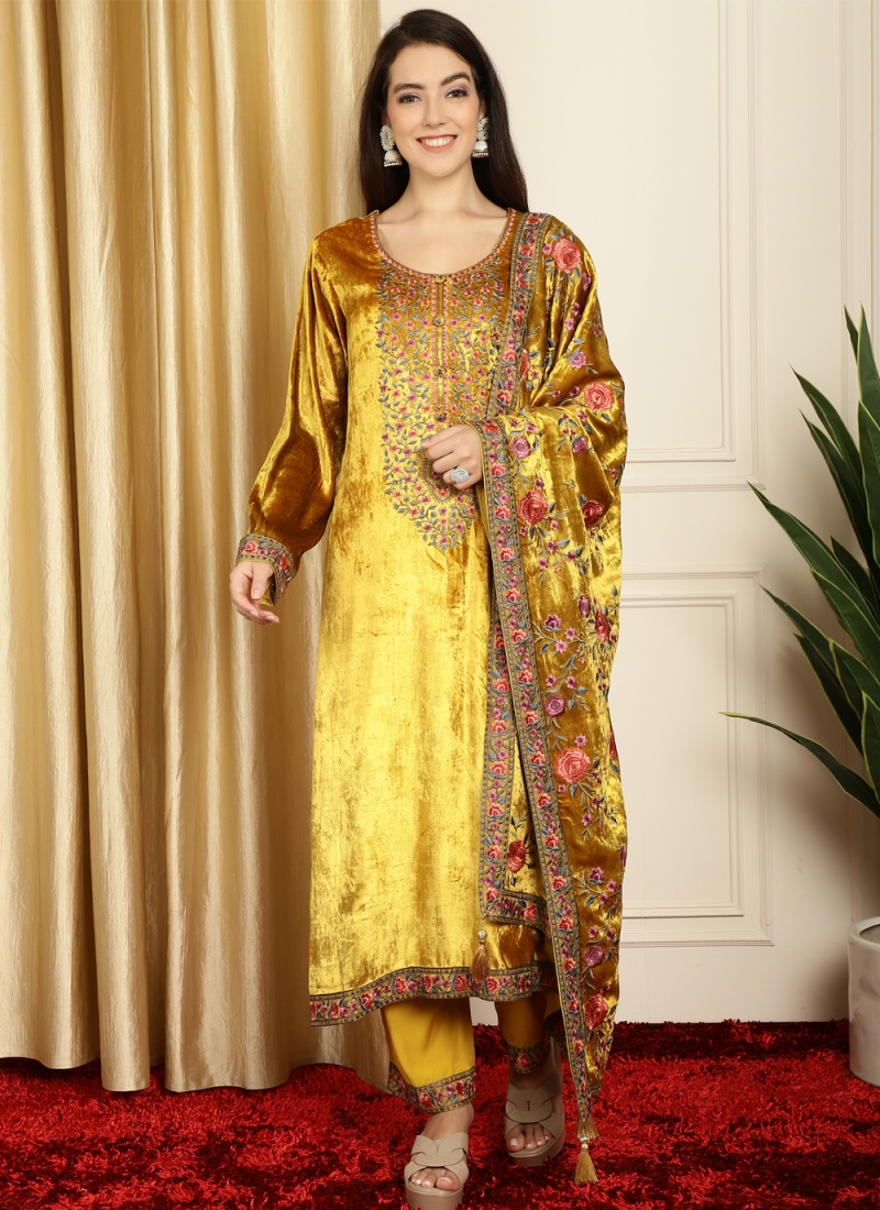 Sonorous Velvet Embroidered Yellow Trendy Salwar Suit