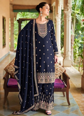 Sophisticated Silk Embroidered Navy Blue Trendy Salwar Kameez