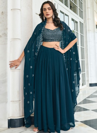 Sparkling Faux Georgette Teal Embroidered Readymade Lehenga Choli