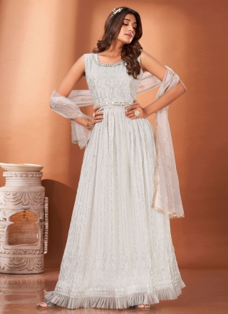 Sparkling Mukesh Georgette White Trendy Gown